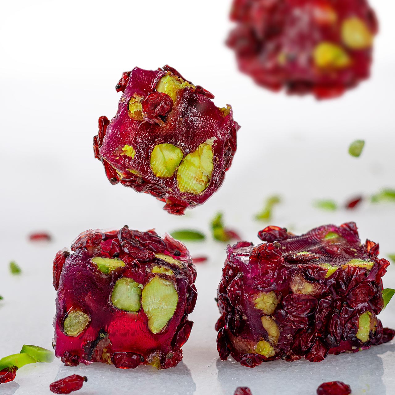 Premium Turkish Delight Filled with Toasted Pistachio, Pomegranate Syrup Flavoured & Covered with Zereshk Berries