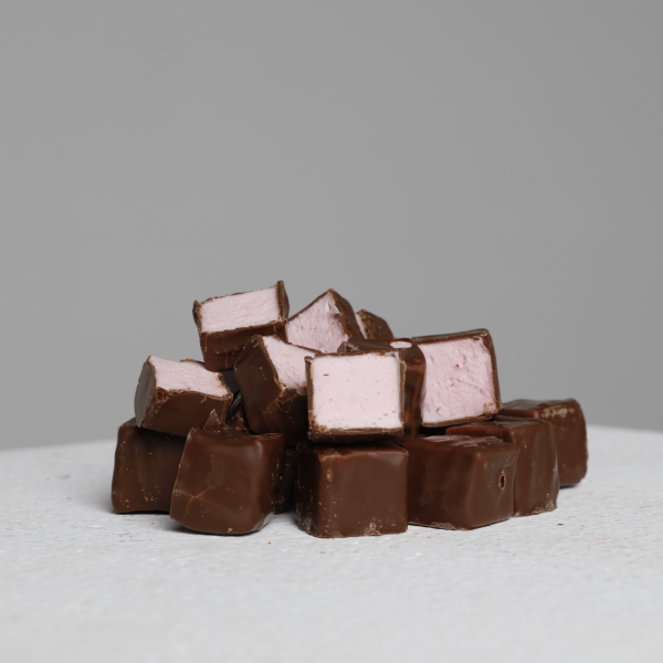 Marshmallow covered in rich Milk chocolate Raspberry Flavour
