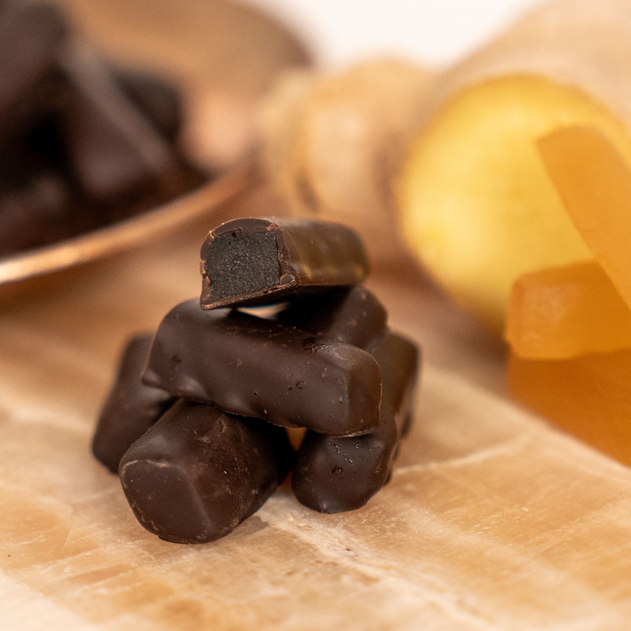 Dark Chocolate Candied Ginger Thins